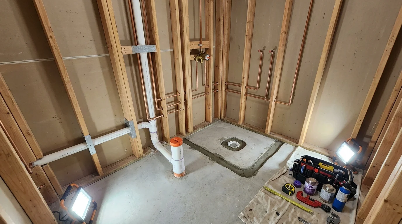 Bathroom rough-in plumbing during remodel by Johns Plumbing LLC in Forest Ranch