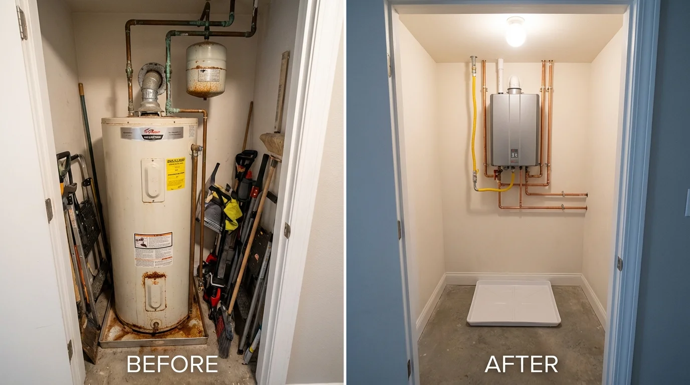 Tank water heater versus wall-mounted tankless unit comparison for Forest Ranch, CA homeowners