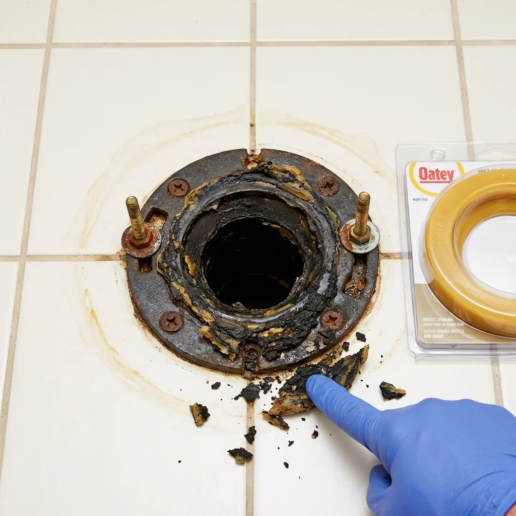 Failed wax ring showing water seepage at the base of a toilet in a Forest Ranch, CA home